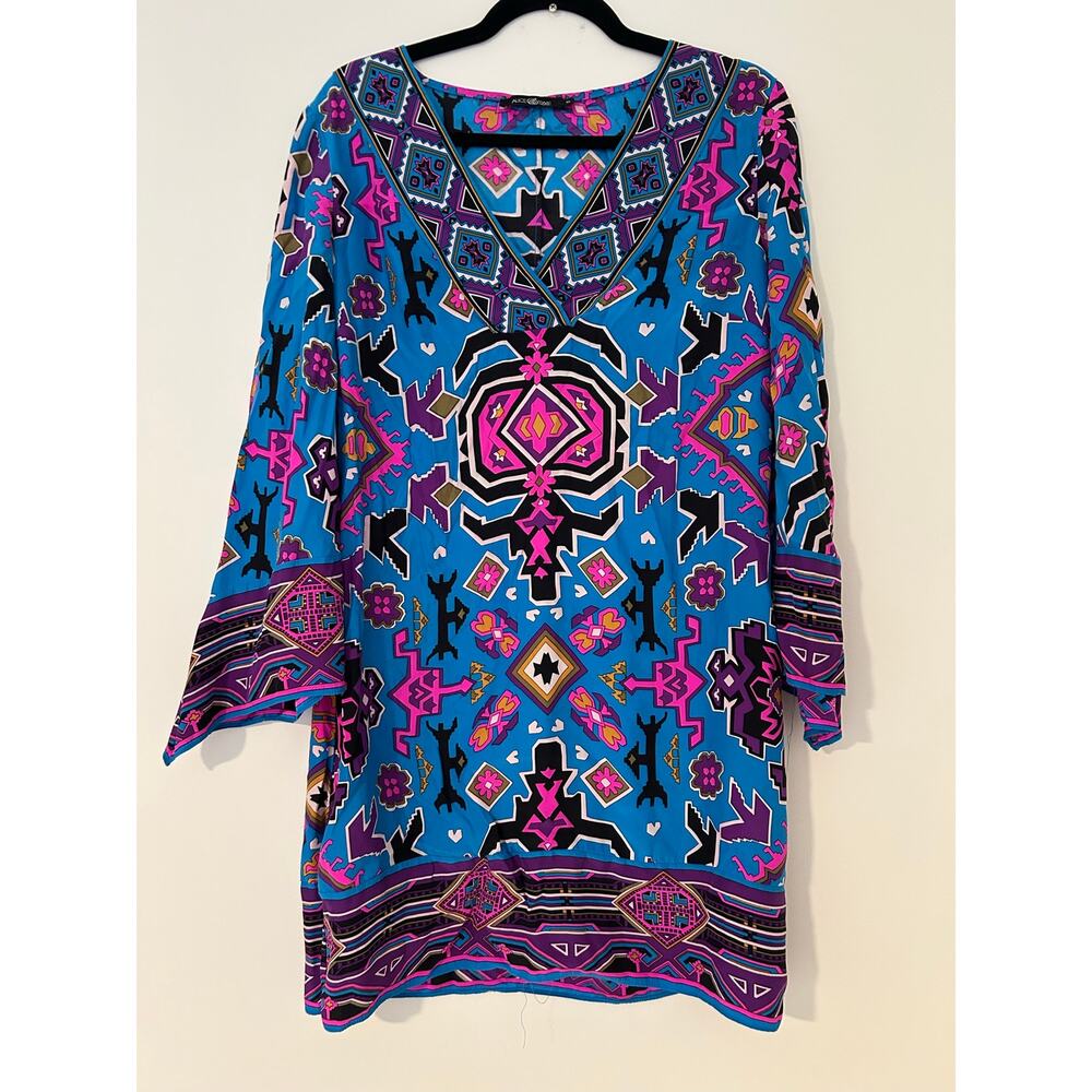 Alice & Trixie M 100% Silk Pink Blued Aztec Geometric Print Mini 80s Dress GUC